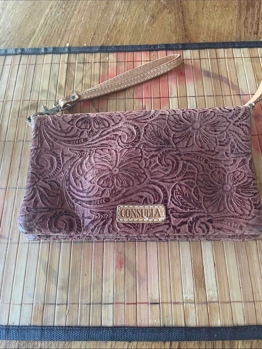 Consuela Brown Embossed Floral Leather Wristlet/Wallet